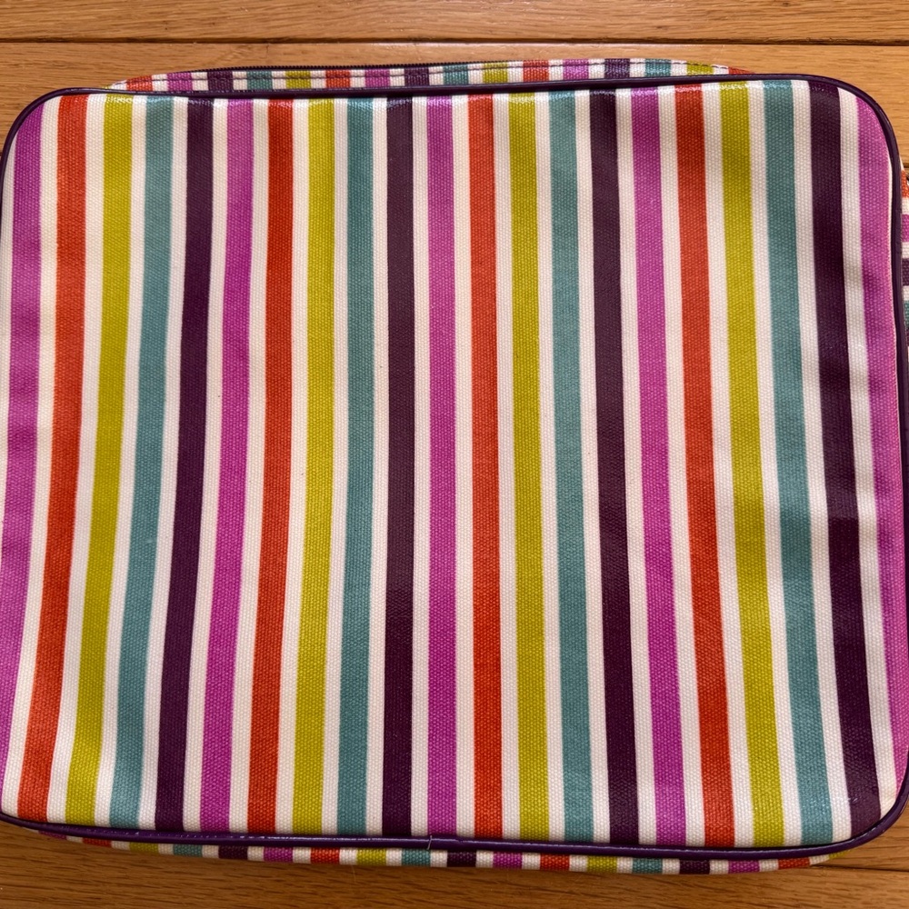 Striped Padded Laptop Sleeve - Multicolor with orange padded lining.